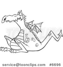 Cartoon Black and White Line Drawing of a Sitting Dragon by Toonaday