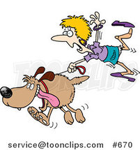 Cartoon Lady Trailing After a Dog on a Leash by Toonaday
