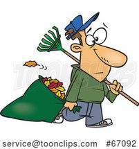 Cartoon White Guy Carrying a Rake and Pulling Al Leaf Bag by Toonaday