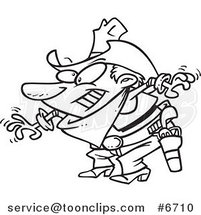 Cartoon Black and White Line Drawing of a Cowboy Drawing His Guns by Toonaday