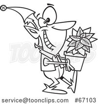 Cartoon Outline Christmas Elf Holding a Poinsettia Plant by Toonaday