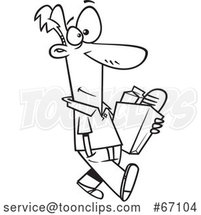 Cartoon Outline Guy Walking and Carrying a Bag of Groceries by Toonaday