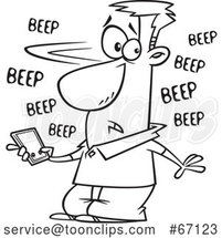 Cartoon Outline Guy Holding a Cell Phone That Is Beeping with Messages by Toonaday