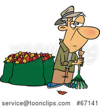 Cartoon Tired Old White Guy After Raking and Bagging Autumn Leaves by Toonaday