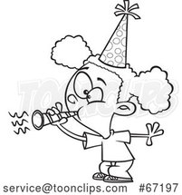 Cartoon Lineart Black Girl Blowing a Party Horn by Toonaday