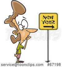 Cartoon Nervous Lady Looking at a New Year Ahead Sign by Toonaday