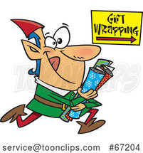 Cartoon Christmas Elf Running to Wrap Gifts by Toonaday