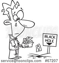 Cartoon Lineart Sad Guy Pouring His Money in to a Black Hole by Toonaday