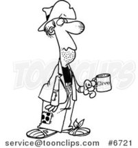 Cartoon Black and White Line Drawing of a Homeless Guy Holding a Charity Cup by Toonaday