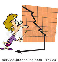 Cartoon Business Woman Watching a down Turn Arrow by Toonaday