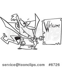 Cartoon Black and White Line Drawing of a Vampire Holding a Welcome Sign by Toonaday