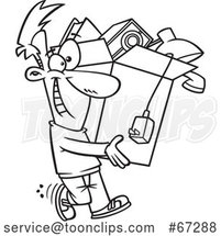 Cartoon Black and White Happy Guy Carrying a Box of Stuff to Get Rid of by Toonaday