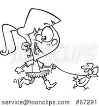 Cartoon Black and White Girl Walking a Chicken on a Leash by Toonaday