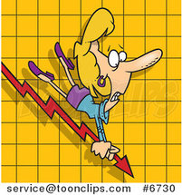 Cartoon Business Woman Riding on a Decline Chart Arrow by Toonaday