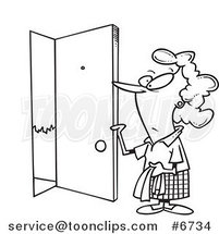 Cartoon Black and White Line Drawing of a Lady Opening a Door by Toonaday