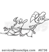 Cartoon Black and White Line Drawing of a Bride Dragging Her Groom by Toonaday