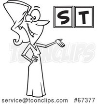 Cartoon Black and White Female Game Show Host Presenting Letters by Toonaday