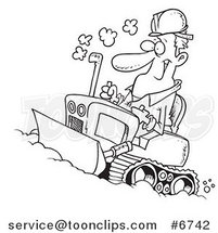 Cartoon Black and White Line Drawing of a Guy Operating a Bulldozer by Toonaday