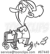 Cartoon Outline Feisty Old Lady Walking with a Walker by Toonaday