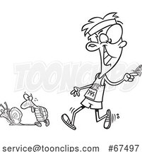 Black and White Cartoon Competitive Guy Walking with a Butterfly Tortoise and Snail by Toonaday