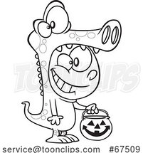 Black and White Cartoon Halloween Boy Trick or Treating in a Crocodile Costume by Toonaday