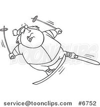Cartoon Black and White Line Drawing of a Fat Guy Skiing by Toonaday