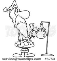 Cartoon Black and White Line Drawing of Santa Ringing a Bell by Toonaday