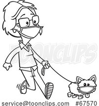 Cartoon Black and White Lady and Dog Wearing Masks and Taking a Walk by Toonaday