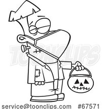 Cartoon Black and White Covid Halloween Frankenstein Wearing a Mask and Trick or Treating by Toonaday