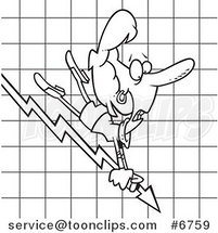 Cartoon Black and White Line Drawing of a Business Woman Riding on a Decline Chart Arrow by Toonaday