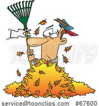 Cartoon Guy Waving a White Rake Flag in a Pile of Autumn Leaves by Toonaday
