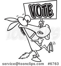 Cartoon Black and White Line Drawing of a Donkey Carrying a Vote Sign by Toonaday