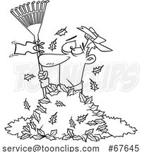 Cartoon Outline Guy Waving a White Rake Flag in a Pile of Autumn Leaves by Toonaday