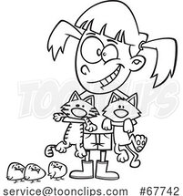 Clipart Outline Cartoon Girl with Chicks and Cats by Toonaday