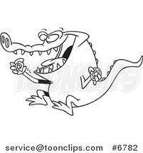 Cartoon Black and White Line Drawing of an Alligator Eating a Donut by Toonaday