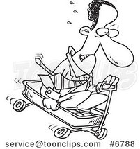 Cartoon Black and White Line Drawing of a Black Business Man Riding Downhill in a Wagon by Toonaday
