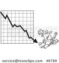 Cartoon Black and White Line Drawing of a Business Man Running from a down Arrow by Toonaday