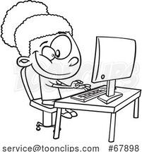 Cartoon Black and White Girl Typing on a Computer by Toonaday