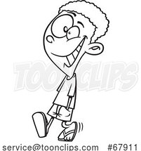 Cartoon Black and White Happy Boy Taking a Stroll by Toonaday