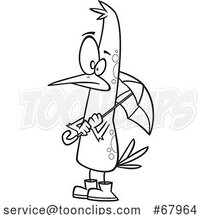 Cartoon Black and White Shower Ready Bird with an Umbrella by Toonaday