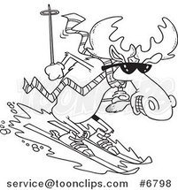 Cartoon Black and White Line Drawing of a Moose Skiing Downhill by Toonaday