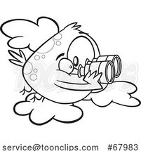 Cartoon Black and White Bird Using Binoculars by Toonaday