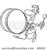 Cartoon Black and White Line Drawing of a Happy Drummer by Toonaday