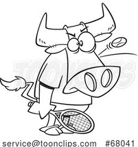 Cartoon Outline Bull Playing Tennis with a Ball Bouncing off of His Head by Toonaday