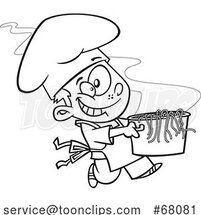 Black and White Cartoon Boy Chef Carrying a Pasta Pot by Toonaday