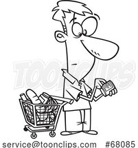Black and White Cartoon Guy Grocery Shopping and Reading Nutrition Labels by Toonaday