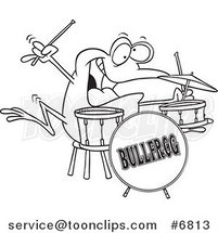 Cartoon Black and White Line Drawing of a Drummer Frog by Toonaday