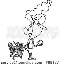Black and White Cartoon Lady Shopping and Reading Food Nutrition Labels by Toonaday