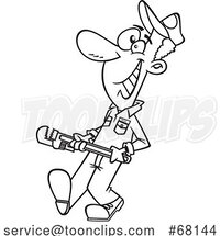 Cartoon Black and White Happy Plumber Carrying a Monkey Wrench by Toonaday