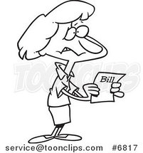 Cartoon Black and White Line Drawing of a Lady Holding a past Due Bill by Toonaday